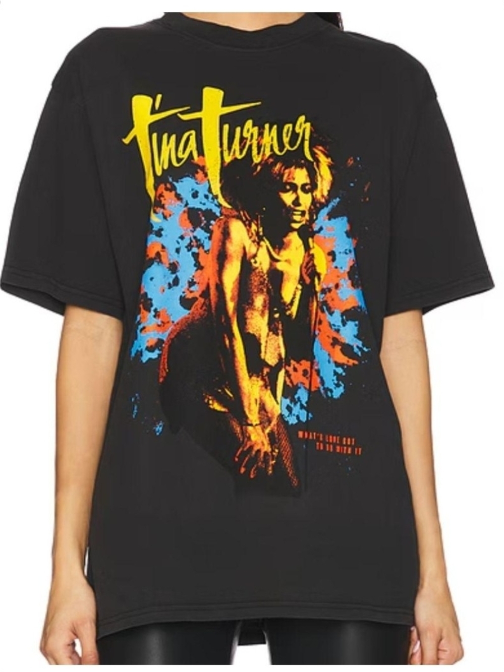 Tina Turner Graphic Band Tee - Black with Yellow, Orange & Blue Print